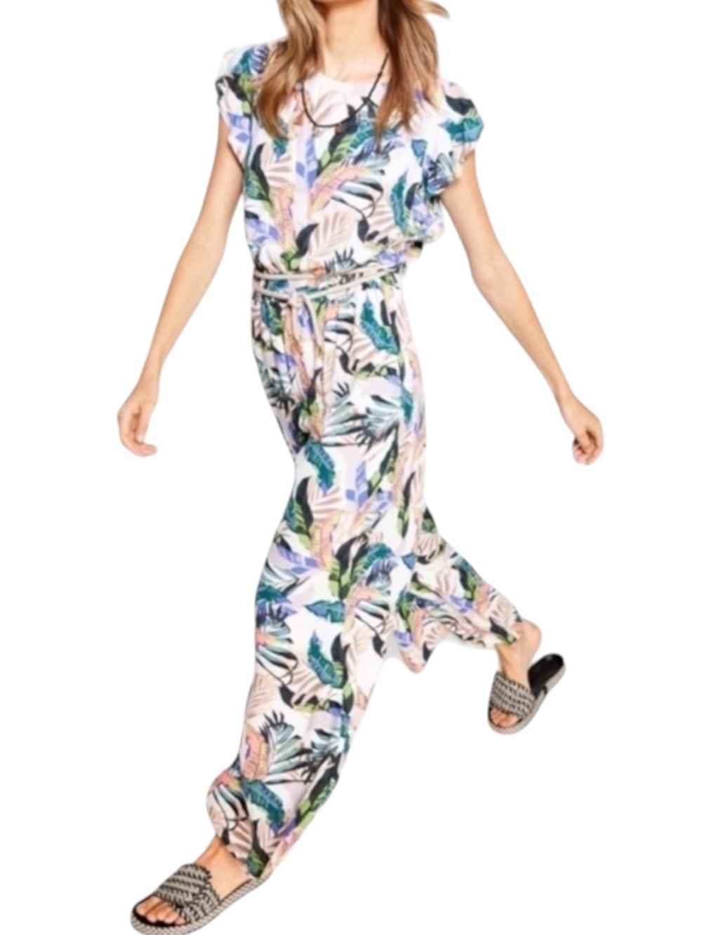 SANCTUARY Antonella Tropical Palm Print Wide Leg Tie-back Jumpsuit Size M
